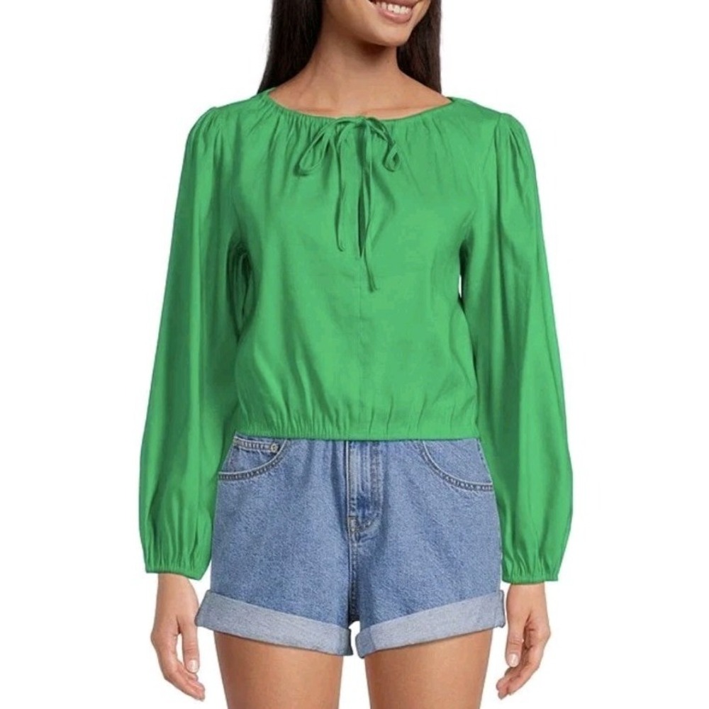 Gianni Bini Camilla Blouse Sz XS Cropp Green Boat Neck Woven Linen Boho Classic